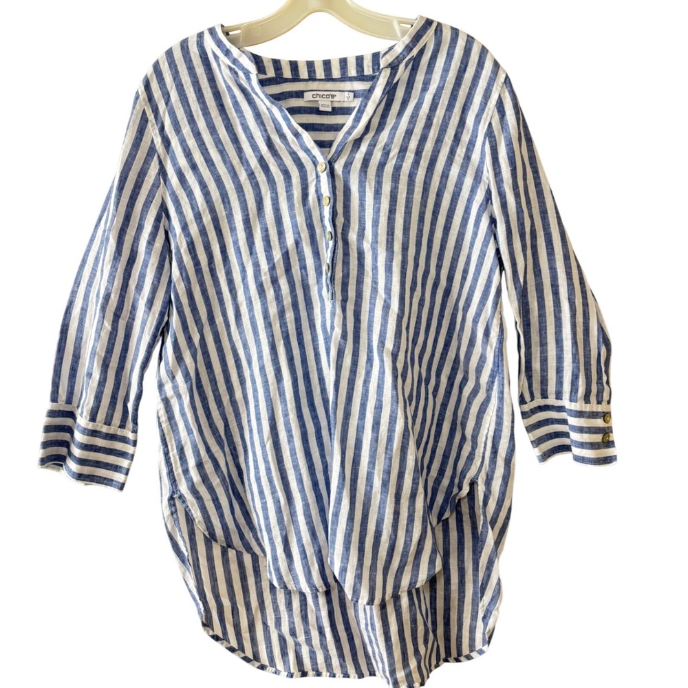 Chicos Linen Blue White Striped Blouse Size M Light Airy Coastal Beach Top